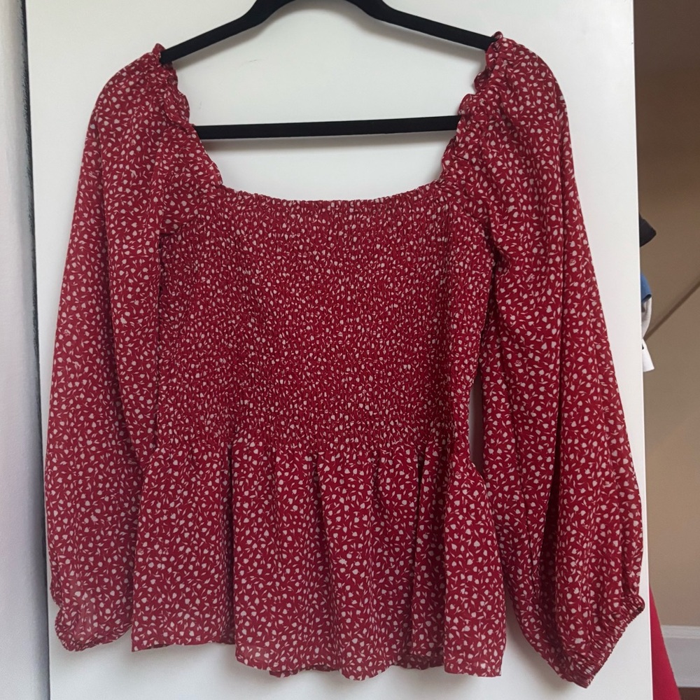Madewell Red and White Puff Sleeve Smocked Blouse
